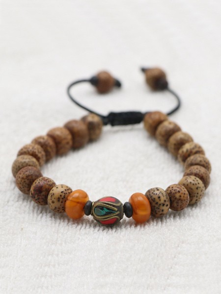 Brown Lotus Seed Wrist Mala With Inlaid Brass Spacer