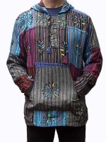 Baja style patch pullover with blockprint and hand painted motifs